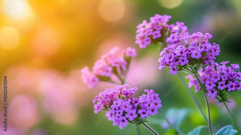 Beautiful clusters of purple flowers blooming in a garden during sunset, creating a serene and colorful atmosphere Beautiful clusters of purple flowers blooming in a garden during sunset, creating a serene and colorful atmosphere