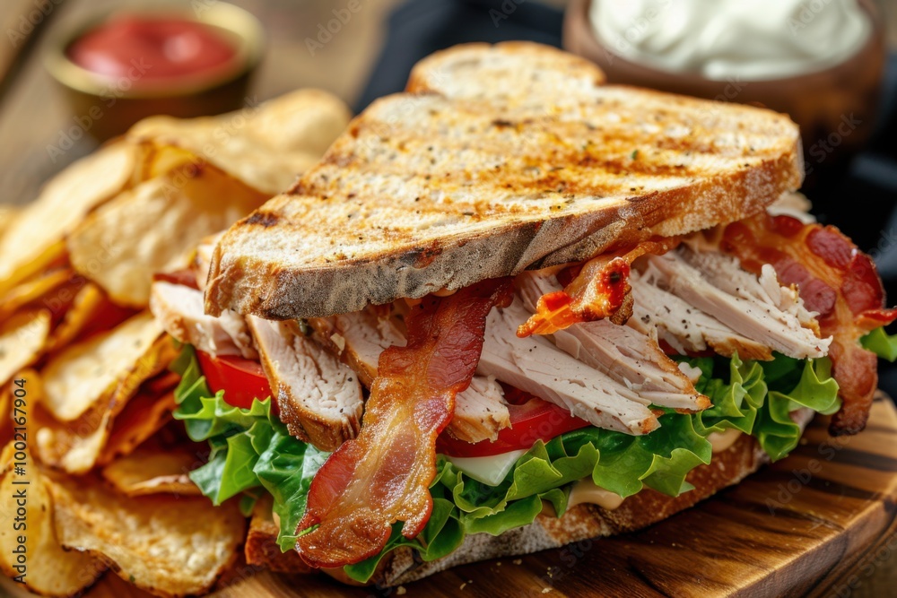 A delicious turkey club sandwich with bacon, lettuce, tomato, and mayo, served on toasted bread with a side of chips. Copy space A delicious turkey club sandwich with bacon, lettuce, tomato, and mayo, served on toasted bread with a side of chips. Copy space