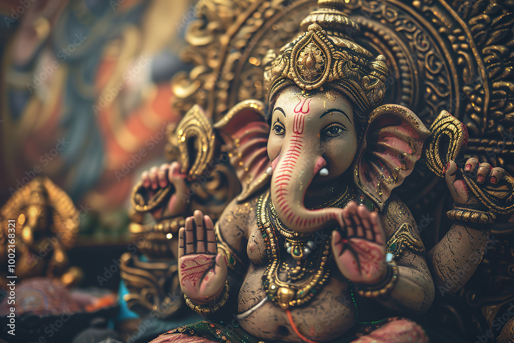 Fototapeta premium Beautiful greeting card with bright holiday composition for happy celebrate Ganesh Chaturthi