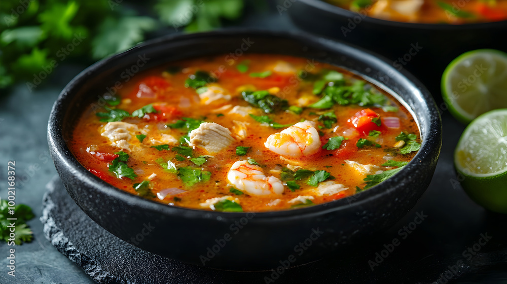 Flavorful Sopa de Lima Chicken or Seafood Soup in Black Ceramic Bowl with Lime Garnish Flavorful Sopa de Lima Chicken or Seafood Soup in Black Ceramic Bowl with Lime Garnish