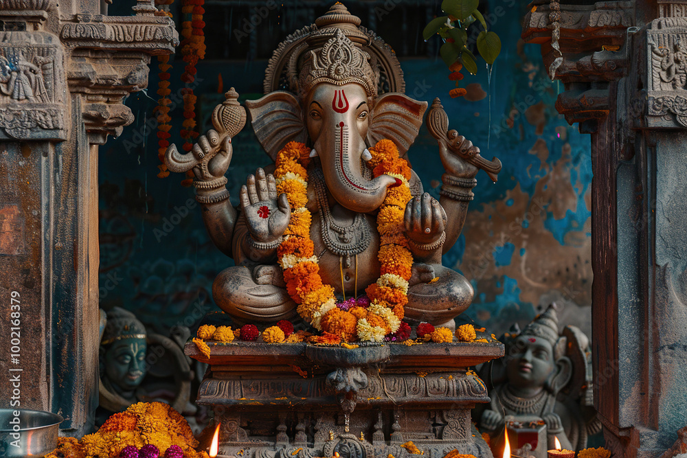 Obraz premium Beautiful greeting card with bright holiday composition for happy celebrate Ganesh Chaturthi
