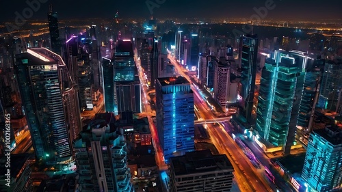 A drone shot capturing the vibrant lights of a city skyline at night, with tall skyscrapers and busy streets illuminated by neon signs, streetlights, and traffic, creating a dynamic urban mobile wallp photo