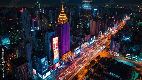 Wallpaper Mural A drone shot capturing the vibrant lights of a city skyline at night, with tall skyscrapers and busy streets illuminated by neon signs, streetlights, and traffic, creating a dynamic urban mobile wallp Torontodigital.ca