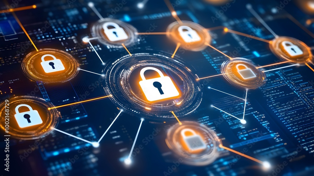 Digital lock icon hovering over a coding screen, representing cyber security, data protection, and encryption in the modern age Digital lock icon hovering over a coding screen, representing cyber security, data protection, and encryption in the modern age