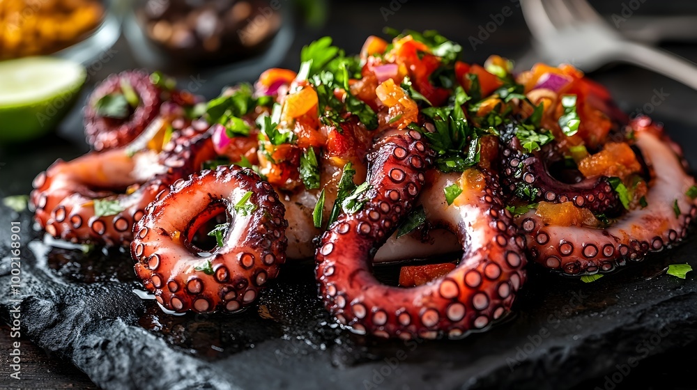 Exquisite Octopus Ceviche Dish Served on a Sleek Black Stone Plate