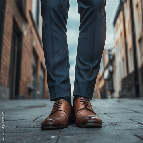 image of the waist of a businessman standing tall from waist to his shoes with leg wide open photo