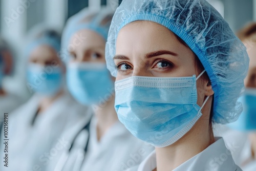 Bouffant Cap. Caucasian Man and Woman Scientists Working in Laboratory Discussing Protection and Solution for Health photo