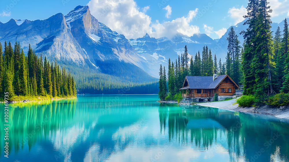 Fototapeta premium Stunning Mountain Lake Cabin with Reflection
