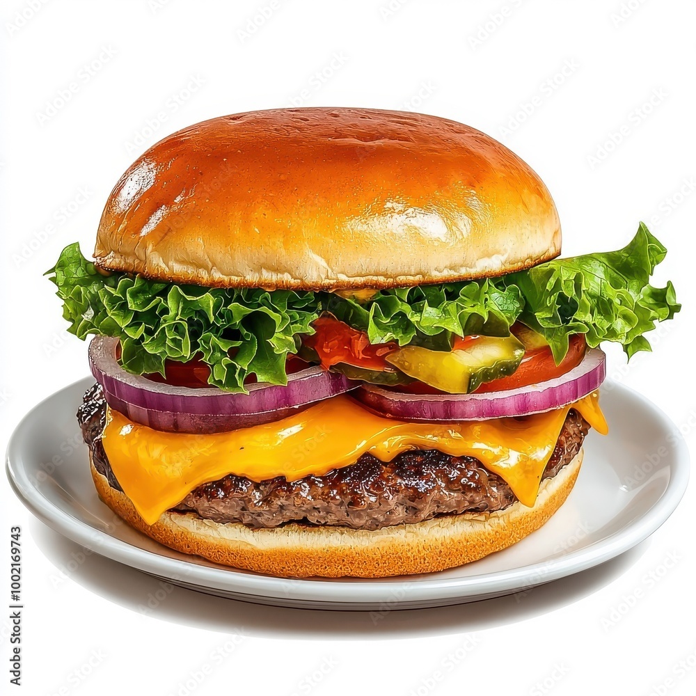 Cheeseburger on a plate, isolated on a white background, with vibrant toppings and melted cheese. Cheeseburger on a plate, isolated on a white background, with vibrant toppings and melted cheese.