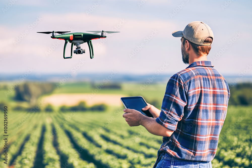 A male farmer with a beard wearing a cap and a plaid shirt operates a drone with a tablet to monitor crops in a large harvest field. Concept of technology in agriculture, innovations, automation tools A male farmer with a beard wearing a cap and a plaid shirt operates a drone with a tablet to monitor crops in a large harvest field. Concept of technology in agriculture, innovations, automation tools