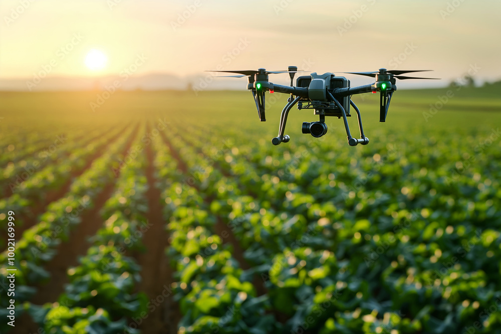 A drone flies over a crop field at sunset, capturing data for precision farming and crop monitoring. Concept of smart agriculture and modern farming technology. A drone flies over a crop field at sunset, capturing data for precision farming and crop monitoring. Concept of smart agriculture and modern farming technology.