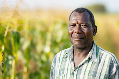 A middle-aged African-American male farmer stands in a sunlit cornfield. Concept agriculture, hard work, and rural life