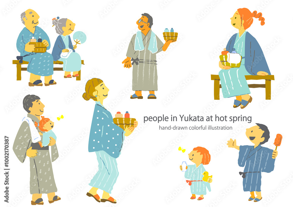温泉地を楽しむ人々　カラフルで楽しい手描きイラスト