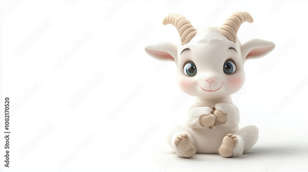 A cute goat figurine sits happily on a white background, showcasing its playful expression and adorable features in bright daylight A cute goat figurine sits happily on a white background, showcasing its playful expression and adorable features in bright daylight
