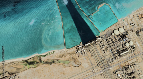 Obraz na płótnie Qatar's Ras Laffan Oil Refinery from a bird's eye view in the Persian Gulf w salonie