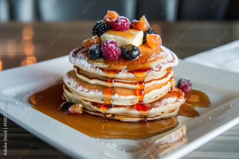 A fluffy stack of pancakes with butter, maple syrup, and fresh berries A fluffy stack of pancakes with butter, maple syrup, and fresh berries