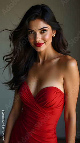 Elegant Woman in Red Embellished Evening Gown