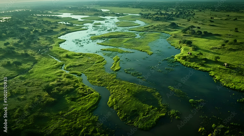 Aerial View of a Serene River Winding Through Lush Green Grasslands Aerial View of a Serene River Winding Through Lush Green Grasslands
