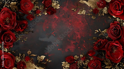 A luxurious flowers border with deep red roses and gold accents, creating an opulent and classic look for invitations or decorations. 8k UHD, suitable for high-quality printing or digital display. 