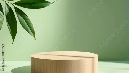 Natural stone podium display with leaf shadow. Product presentati on soft green background. Cosmetics or beauty product promotion minimalist mockup. photo