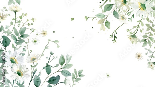 A minimalistic flowers border with small white daisies and delicate green sprigs scattered lightly around the frame of the image. 8k UHD, suitable for high-quality printing or digital display. 