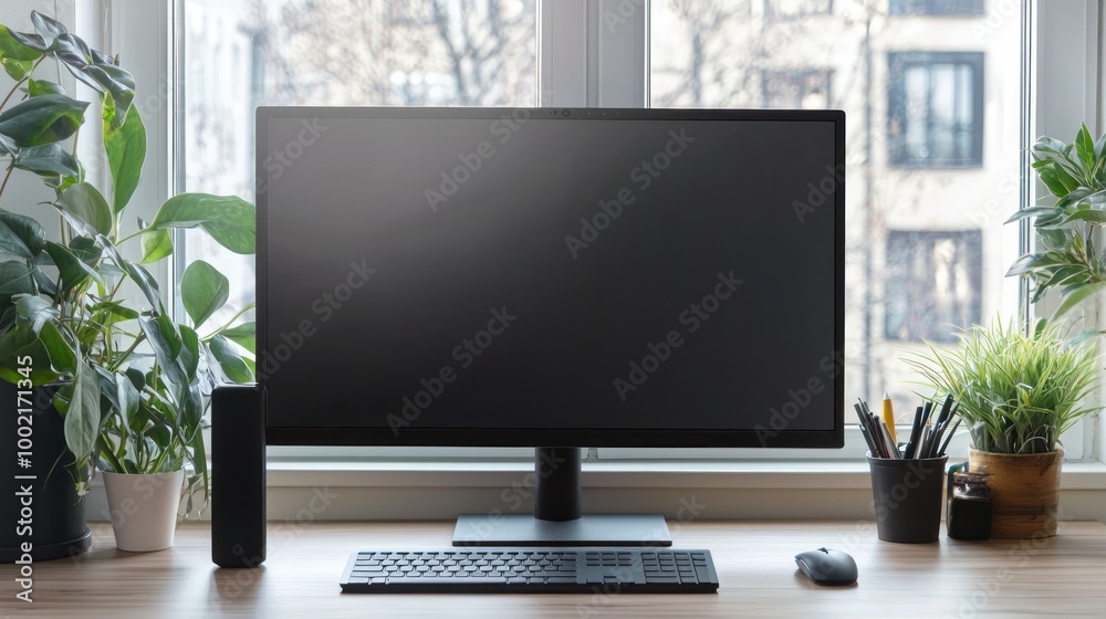 Fototapeta premium A clean desktop setup with a large monitor, wireless keyboard and mouse, and a few essential office supplies.