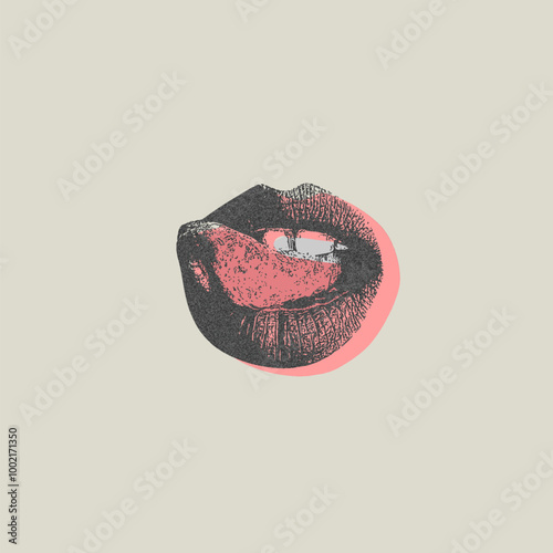Grainy sexual woman lips with tongue sticking out retro photocopy effect with red bottom, female mouth stipple texture