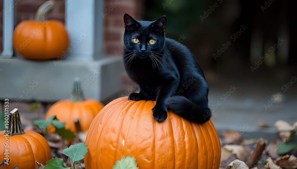 Mysterious Black Cat on a Carved Pumpkin, Glowing Eyes Making the Halloween Magic Even More Enchanting Mysterious Black Cat on a Carved Pumpkin, Glowing Eyes Making the Halloween Magic Even More Enchanting