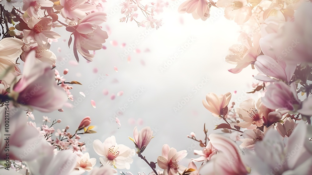 A soft pastel flowers border featuring cherry blossoms and magnolia flowers with gentle pink and white petals, framing the image from the corners. 8k UHD, suitable for high-quality printing 