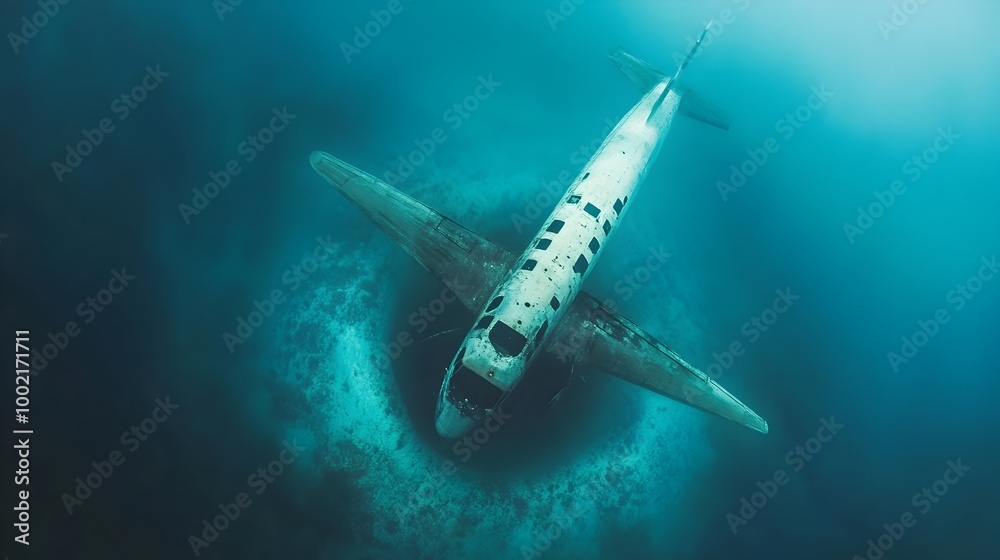 Obraz premium An abandoned aircraft suspended in the Bermuda Triangle caught in a swirling vortex of water and ethereal light creating a surreal otherworldly scene