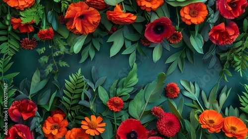 A bold and colorful flowers border with bright red poppies and orange marigolds, complemented by vivid green leaves along the sides of the design. 8k UHD, suitable for high-quality printing 