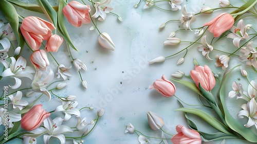 A charming flowers border featuring pink tulips and white lilies intertwined with long green stems, arranged delicately around the edges. 8k UHD, suitable for high-quality printing or digital  photo