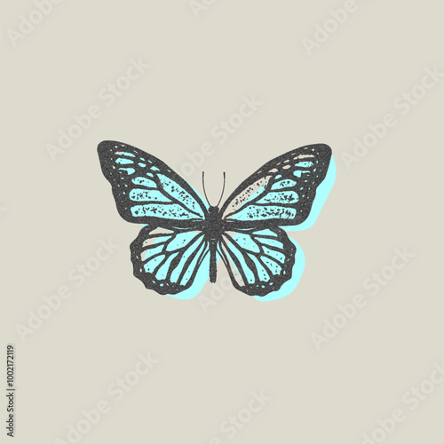 Grainy butterfly retro photocopy effect with blue bottom, vintage stipple dots texture grunge art, vector y2k insect