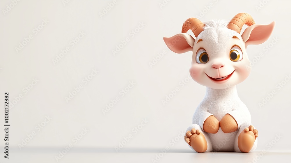 Fototapeta premium Cute animated goat character sitting on a clean surface with a cheerful expression in a bright, minimalistic setting