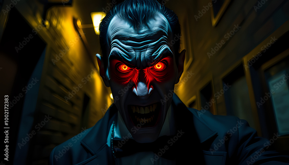 Scary Vampire with Red Piercing Eyes Lurking in the Shadows of a Dark Alley, Poised to Attack Scary Vampire with Red Piercing Eyes Lurking in the Shadows of a Dark Alley, Poised to Attack
