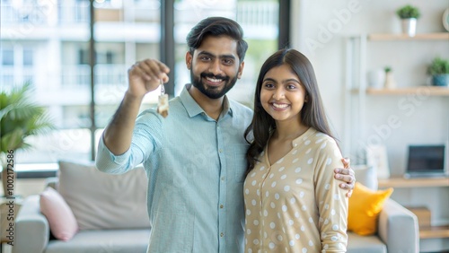 Satisfied young indian spouses show keys at own flat in living room, enjoy moving, buying new home, renting house together, copy space photo