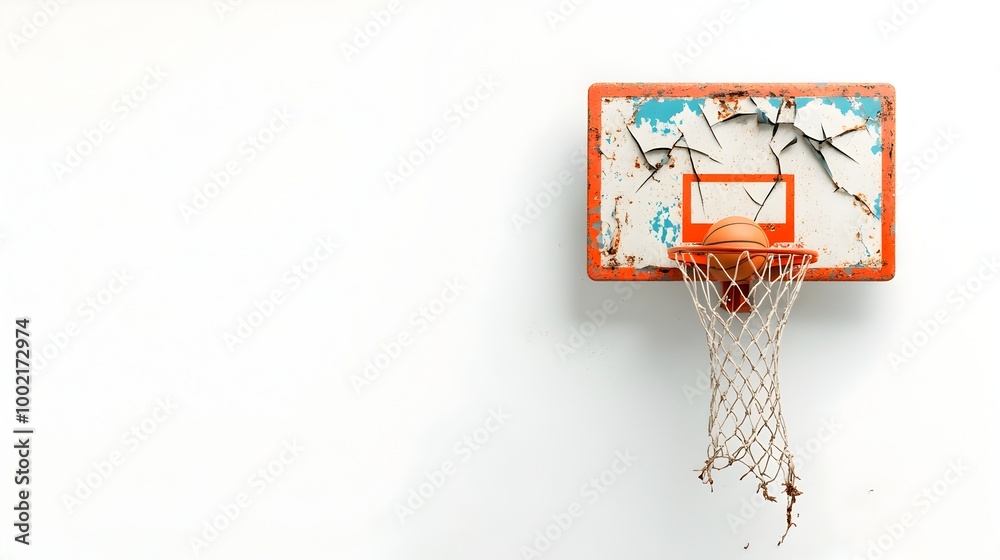 Broken and cracked basketball hoop with a hanging net set against a plain white background symbolizing the of sports equipment and the challenges of competition and resilience Broken and cracked basketball hoop with a hanging net set against a plain white background symbolizing the of sports equipment and the challenges of competition and resilience
