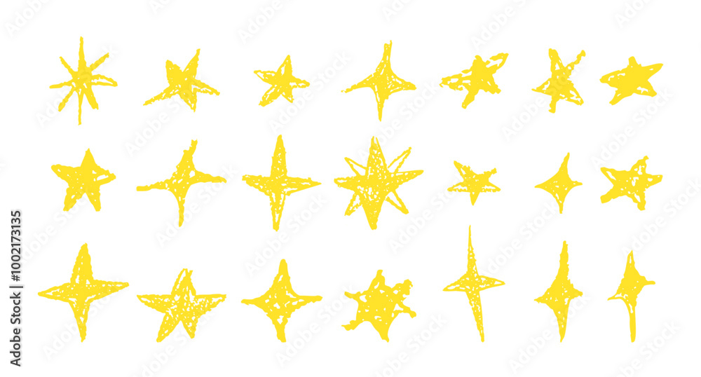 Set of gold chalk drawing stars. Shine or sparkle doodle collection. Children style yellow wax pencil handdrawing elements of night sky. Crayon scratch grunge texture star shapes. Vector illustration Set of gold chalk drawing stars. Shine or sparkle doodle collection. Children style yellow wax pencil handdrawing elements of night sky. Crayon scratch grunge texture star shapes. Vector illustration