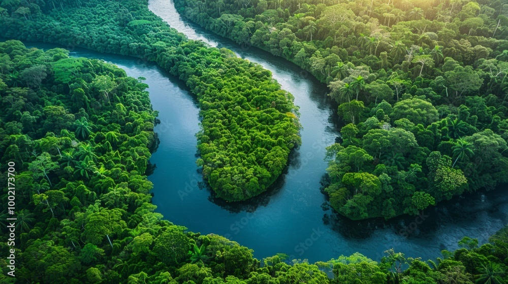 Aerial view of a winding river through a dense green jungle. AI generative. . Aerial view of a winding river through a dense green jungle. AI generative. .