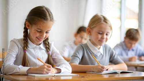 School children sit at desks, writing in copybooks, one girl glances at her friend's test and smiling, studying at school