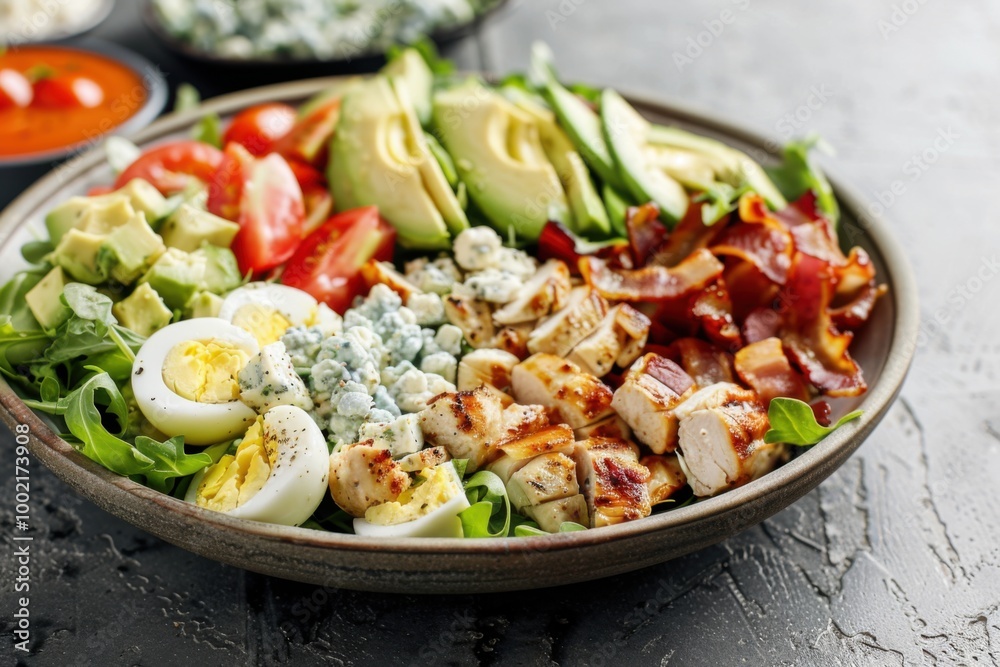 A fresh cobb salad with grilled chicken, avocado, bacon, blue cheese, and hard-boiled eggs, served in a large bowl. Copy space