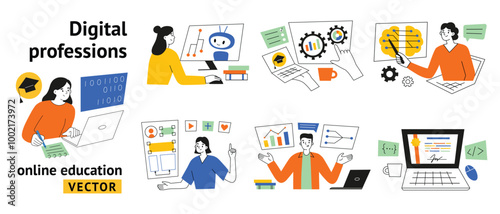 Vector illustration set on digital professions and online education in flat cartoon style. Characters learning technology, training for programming, AI, web design, courses on data science, coding