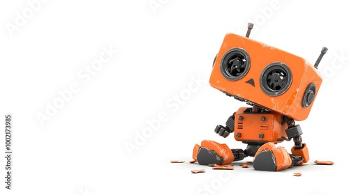 Broken and Disassembled Toy Robot with its Head Detached and Wheels Missing Isolated on a Clean White Background Symbolizing Technology Decay Obsolescence and Nostalgia for the Future