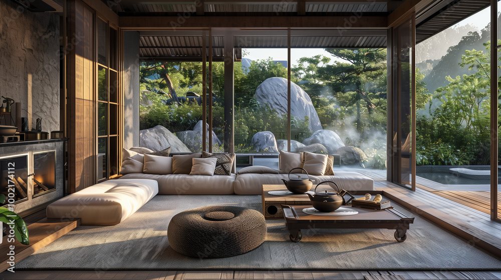 Fototapeta premium Home Interior Japanese-style wood and stone feel furniture, a pot stove, and a Zen garden 