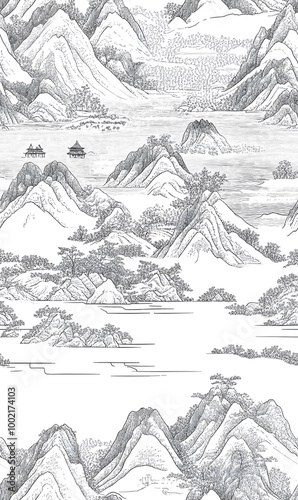 Chinese-inspired doodle tile seamless patterns in an illustrator graphic style