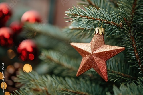 Glittering star ornament on festive Christmas tree