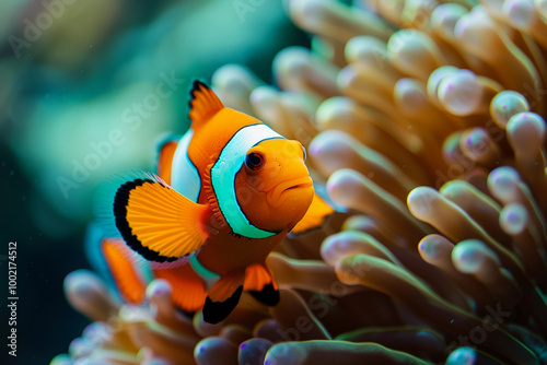 A fantastically beautiful bright clownfish swims in sea among the corals