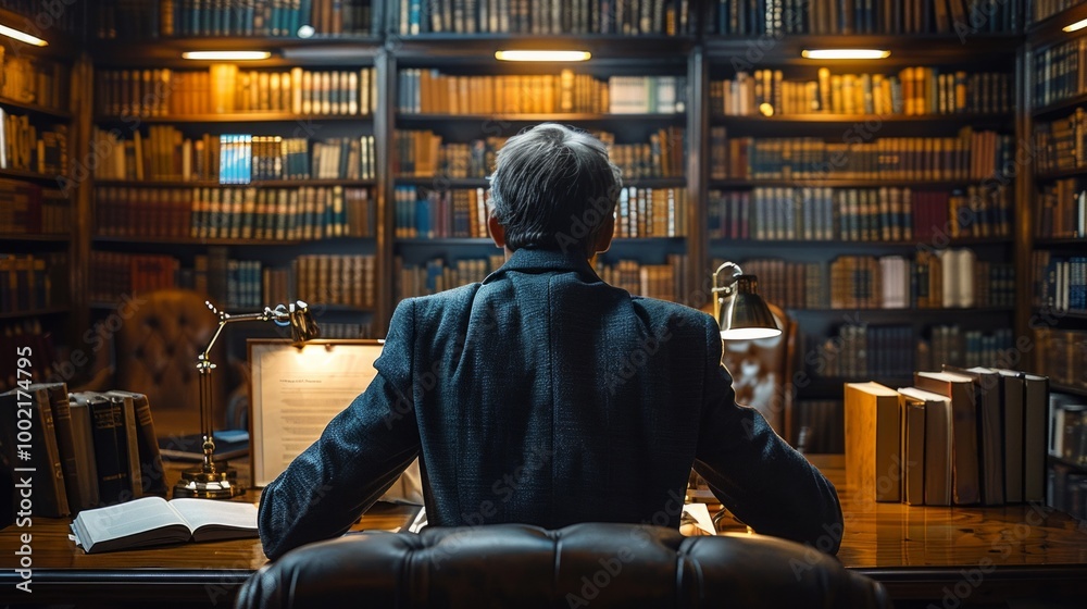 Back view of a man sitting in a library with bookshelves behind him. AI generative. . Back view of a man sitting in a library with bookshelves behind him. AI generative. .