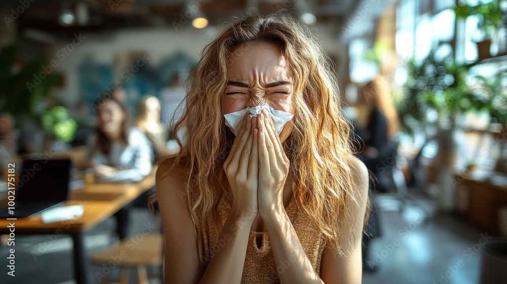 A woman with curly hair is crying while holding a tissue in a caf?. A woman with curly hair is crying while holding a tissue in a caf?.