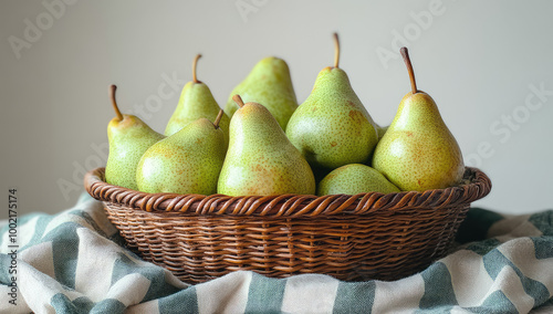 A basket of green pears on the table, with soft natural light and a simple background. Created with AI